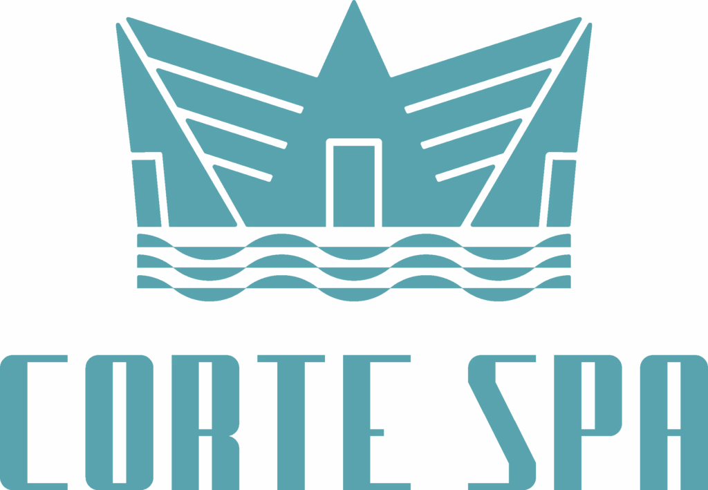 Corte Spa logo: crown-shaped design above stylized waves.