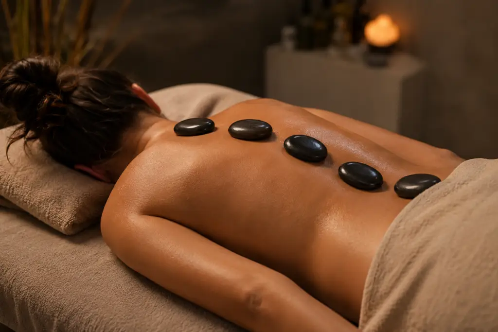 Hot stone massage on a woman's back in a spa setting.