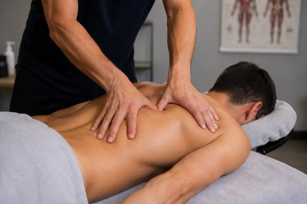Masseur's hands performing a decontratturante massage on a man's back