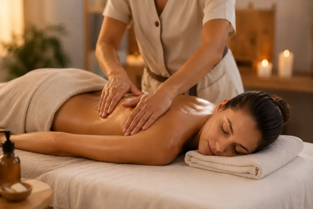 Woman receiving a relaxing massage with oil in a spa setting.
