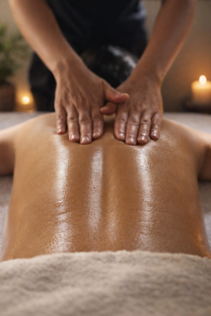 Relaxing back massage with oil and soft light from candles in a spa setting.