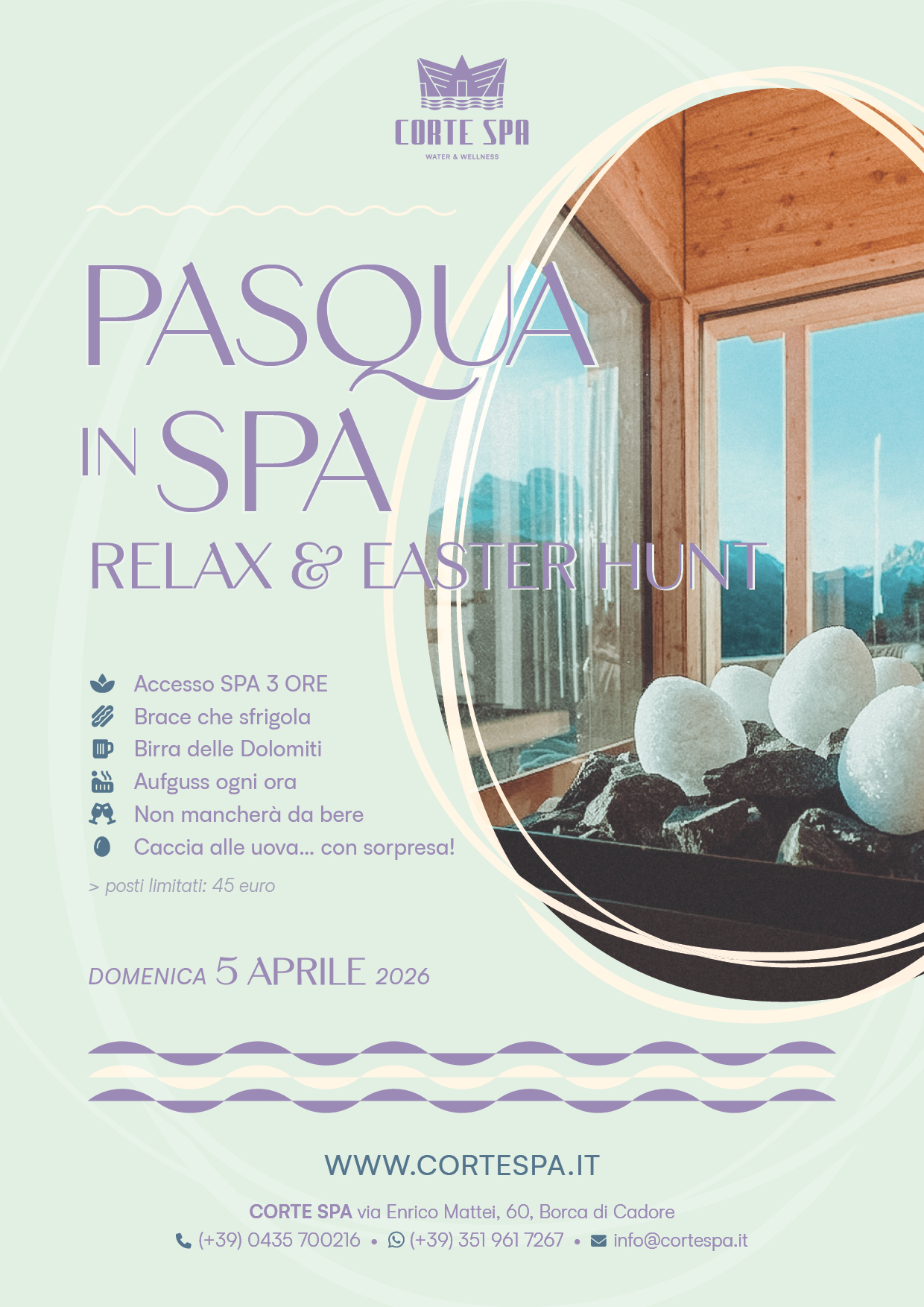 Easter Spa Day: Spa stones with snow-covered mountains in the background. "Pasqua in Spa" text.
