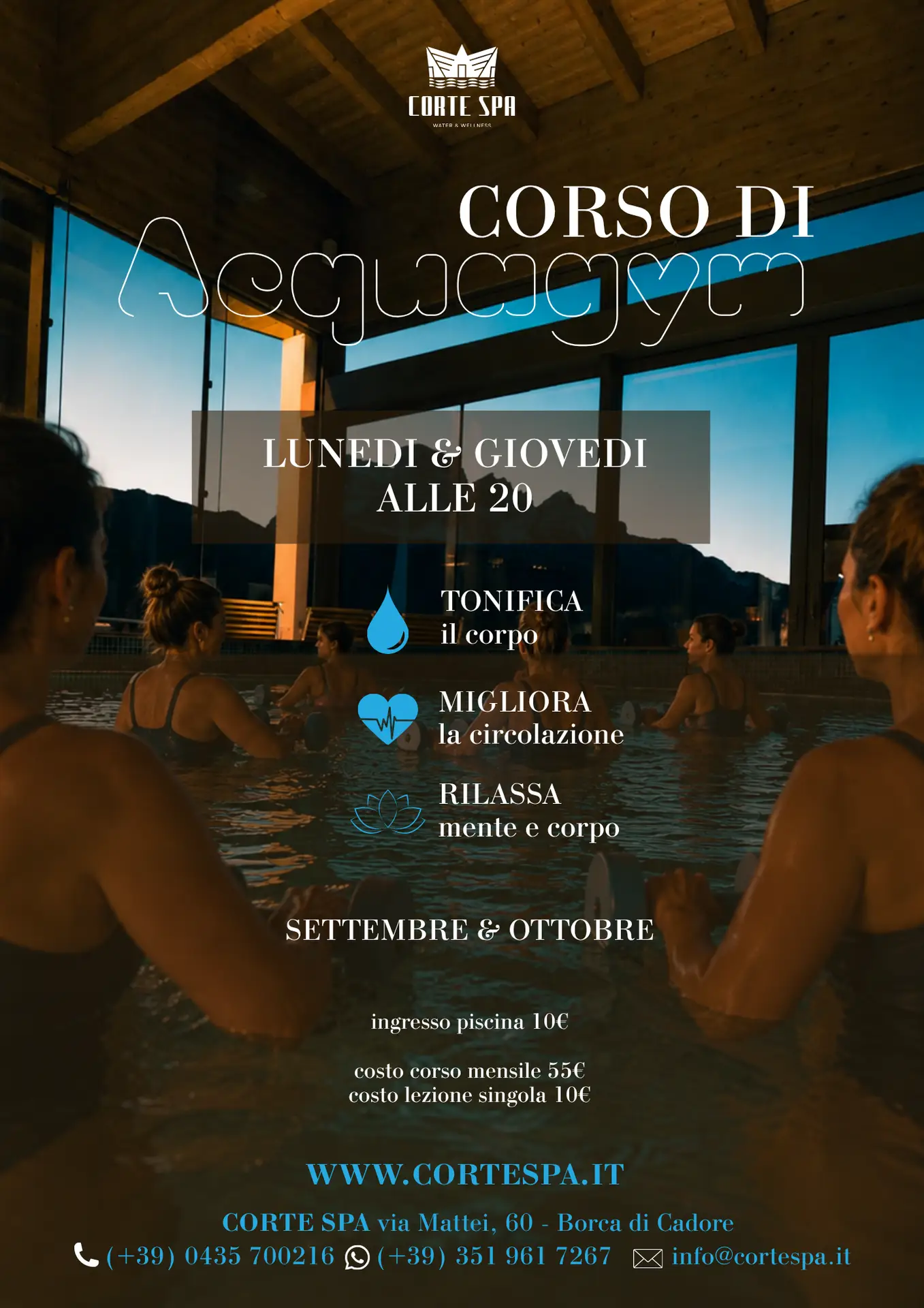 Corso di acquagym at Corte Spa: Monday & Thursday, ages 20+. Relax!