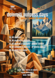 Dolomiti Aufguss Days poster: spa, sauna, pool, mountain scenery, event schedule